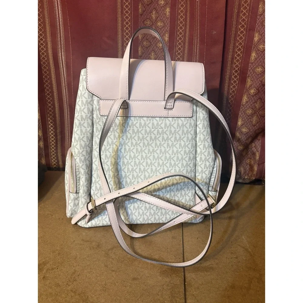 Michael Kors Abbey Medium Backpack Vanilla MK Logo Blush Pink Leather Gold Chain